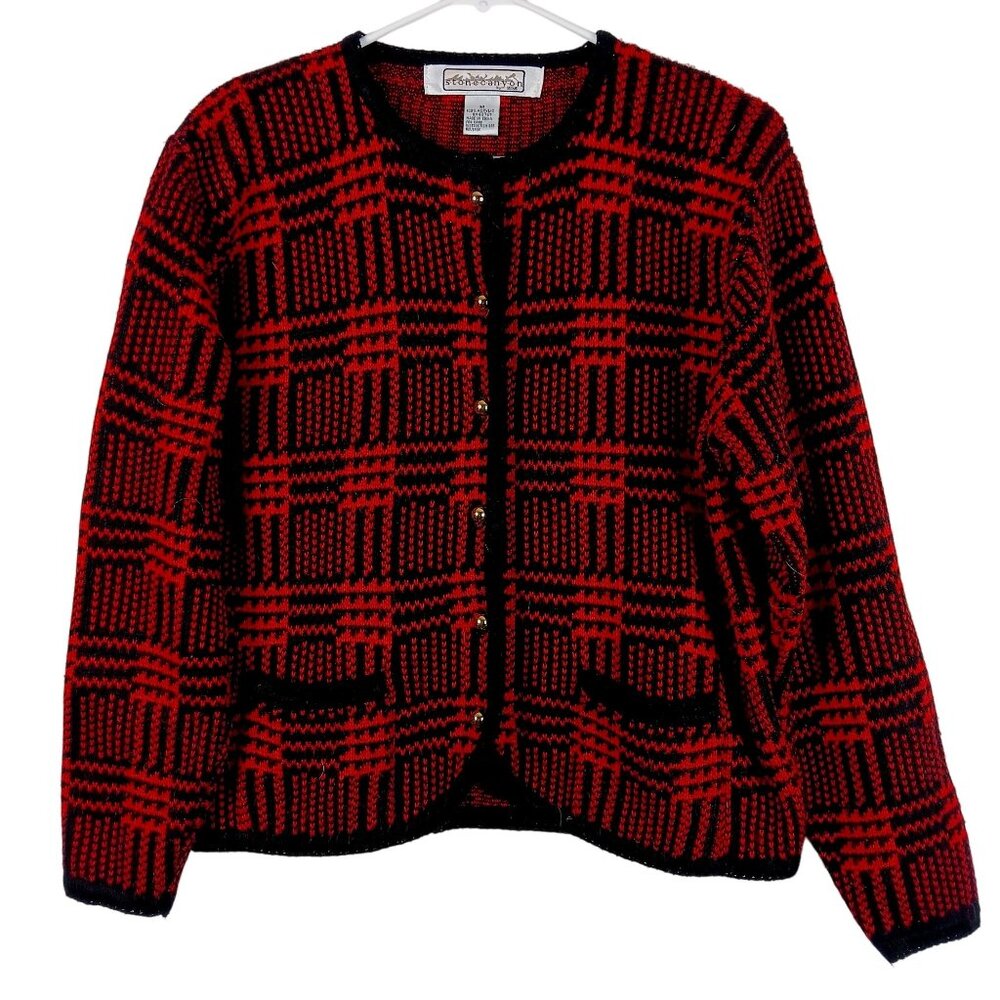 Vintage Plaid Cardigan Womens M Red Black 90s Preppy Classic Sweater Jacket